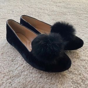 Faux fur pom black loafers